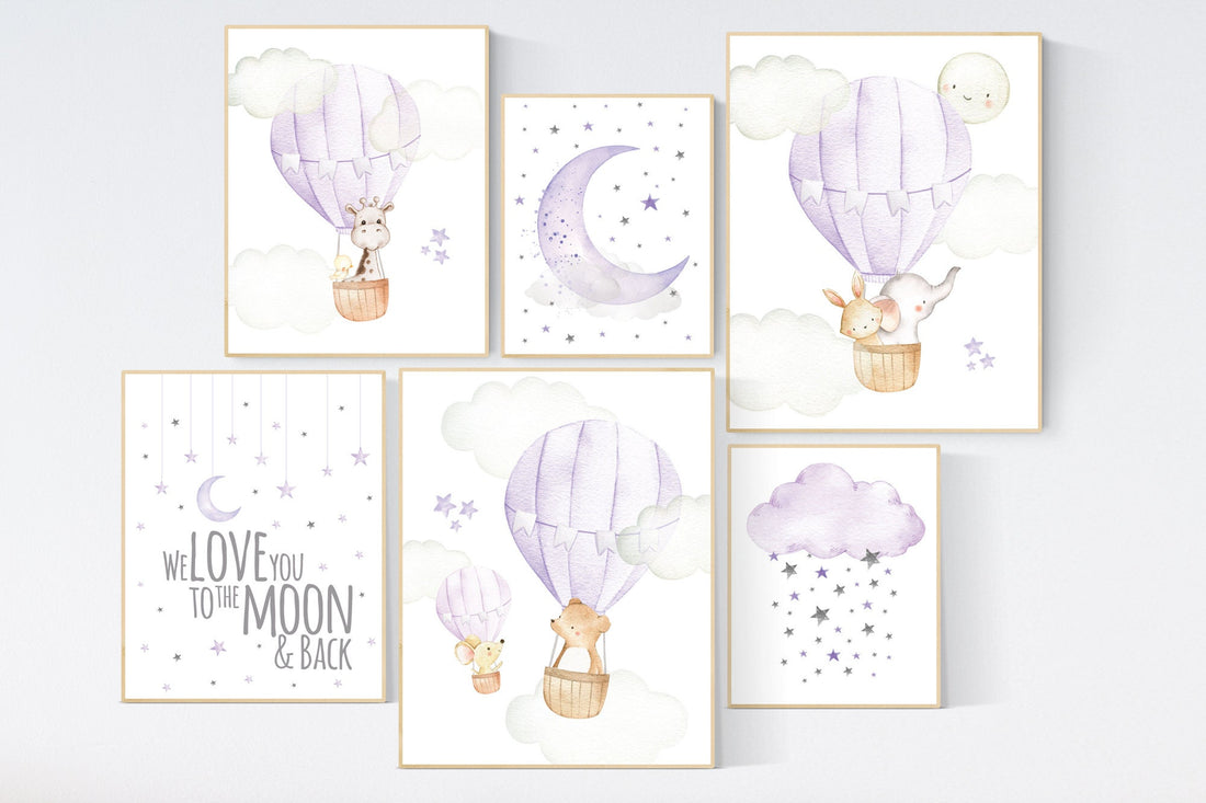 Nursery decor girl hot air balloon, Nursery decor girl purple, purple nursery, lilac nursery print, lavender nursery wall art, baby girl