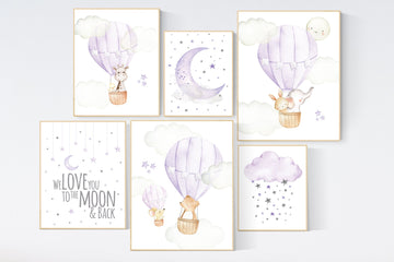 Nursery decor girl hot air balloon, Nursery decor girl purple, purple nursery, lilac nursery print, lavender nursery wall art, baby girl
