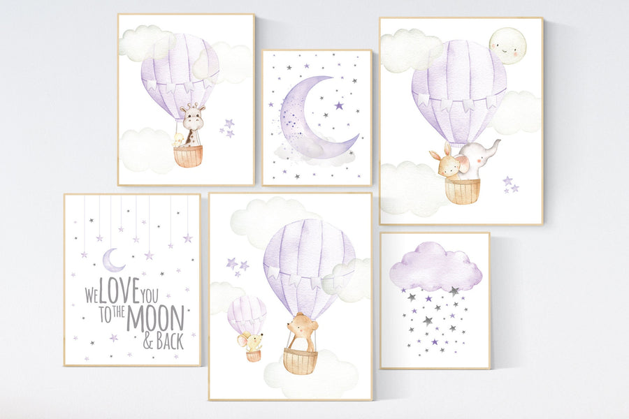 Nursery decor girl hot air balloon, Nursery decor girl purple, purple nursery, lilac nursery print, lavender nursery wall art, baby girl