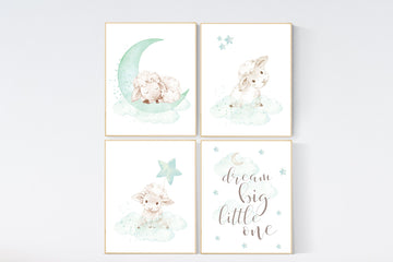 Mint nursery decor, nursery decor lambs, Sheep nursery decor, nursery wall art sheep, gender neutral nursery, cloud and star, mint green