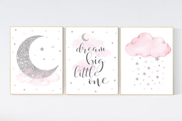 Nursery wall art girl, pink and silver nursery, cloud, stars, pink nursery art, cloud and stars, baby room decor for girls