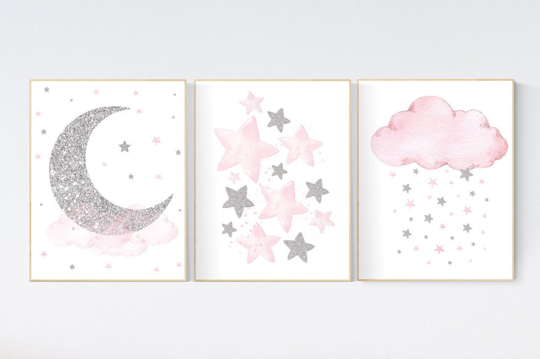 Nursery wall art girl, pink and silver nursery, cloud, stars, pink nursery art, cloud and stars, baby room decor for girls, pink silver