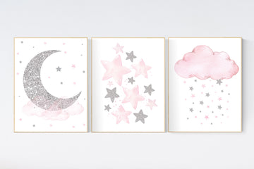 Nursery wall art girl, pink and silver nursery, cloud, stars, pink nursery art, cloud and stars, baby room decor for girls, pink silver