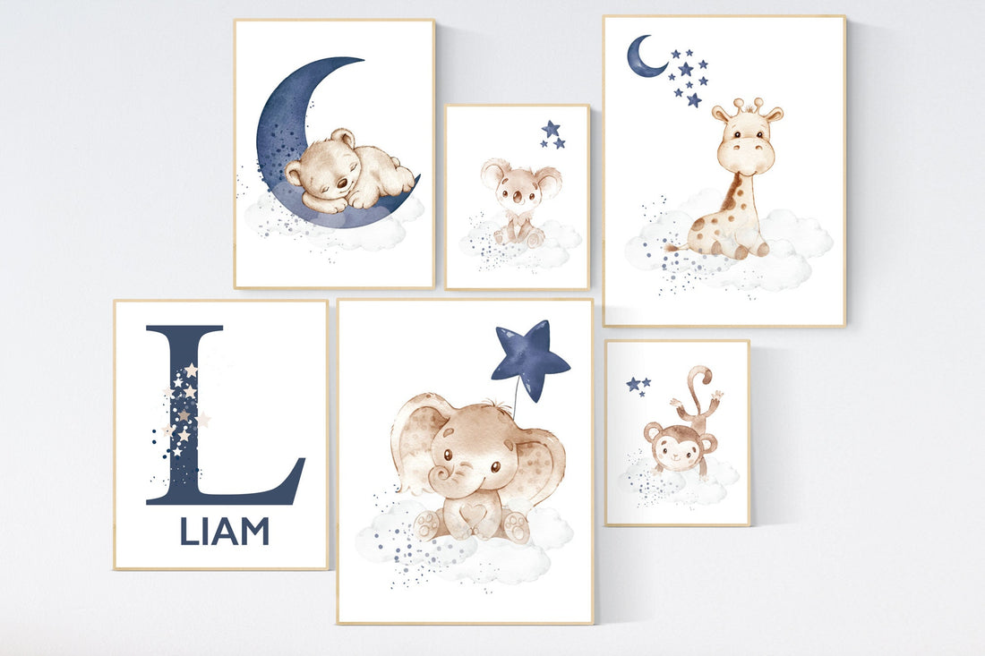 Animal nursery wall art, Nursery decor boy , elephant, bear, giraffe, monkey, koala, baby room art, navy blue nursery, animals, name print