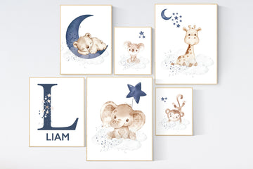 Animal nursery wall art, Nursery decor boy , elephant, bear, giraffe, monkey, koala, baby room art, navy blue nursery, animals, name print