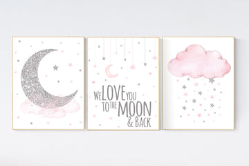 Nursery wall art girl, pink and silver nursery, cloud, stars, pink nursery art, cloud and stars, baby room decor for girls
