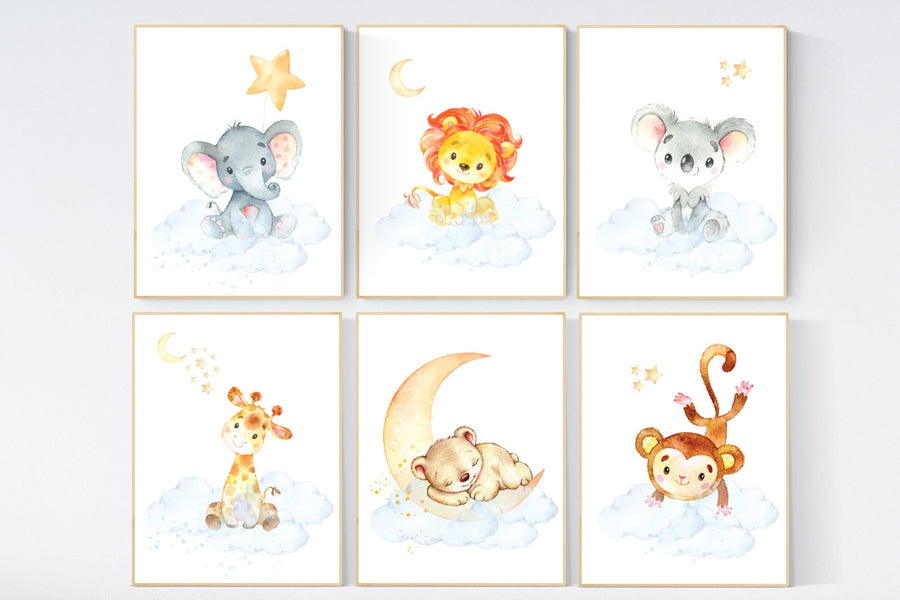 Nursery decor gender neutral, floral jungle, animal prints, Nursery wall art, elephant, giraffe, bear, monkey, koala, lion, blue yellow