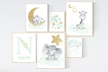 Nursery decor mint gold, mint green and gold, elephant, giraffe, bear nursery, name nursery, mint gold, nursery wall decor, nursery art