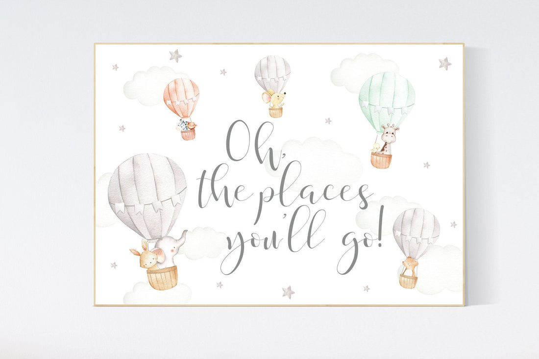 Hot air balloon nursery, Nursery decor neutral, gender neutral, animal nursery, woodland animals, gray, grey, oh the places you&