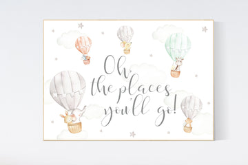 Hot air balloon nursery, Nursery decor neutral, gender neutral, animal nursery, woodland animals, gray, grey, oh the places you'll go
