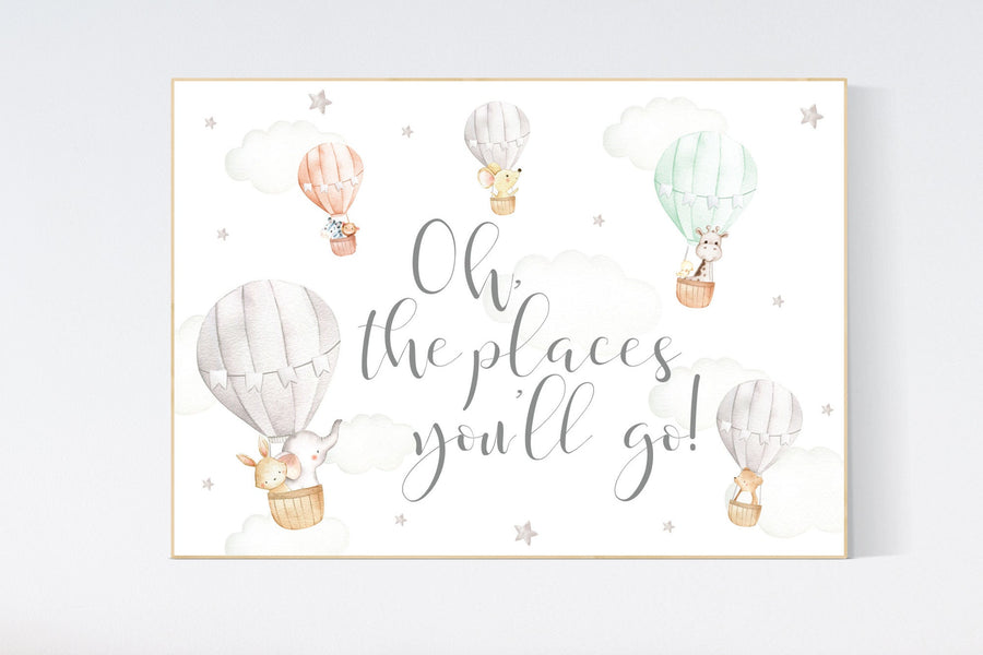 Hot air balloon nursery, Nursery decor neutral, gender neutral, animal nursery, woodland animals, gray, grey, oh the places you'll go