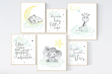 Mint and yellow nursery, gender neutral nursery wall art, moon and stars nursery, baby room decor, animal nursery, elephant, giraffe, bear