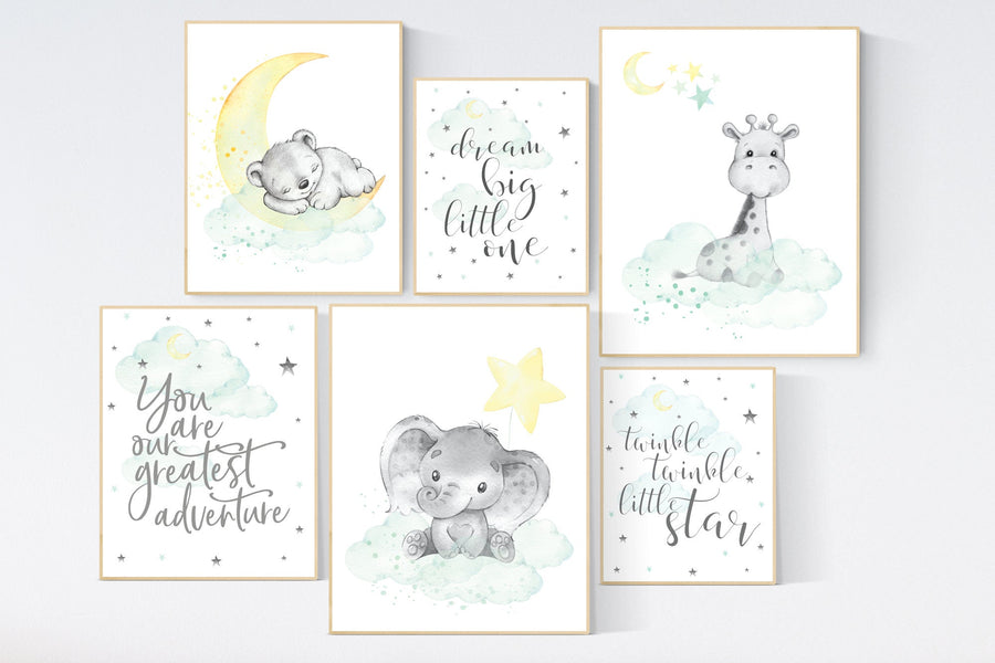 Mint and yellow nursery, gender neutral nursery wall art, moon and stars nursery, baby room decor, animal nursery, elephant, giraffe, bear