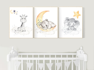 Animal nursery wall art, nursery decor Navy yellow, giraffe, elephant, bear, navy and yellow, gender neutral nursery, animal prints