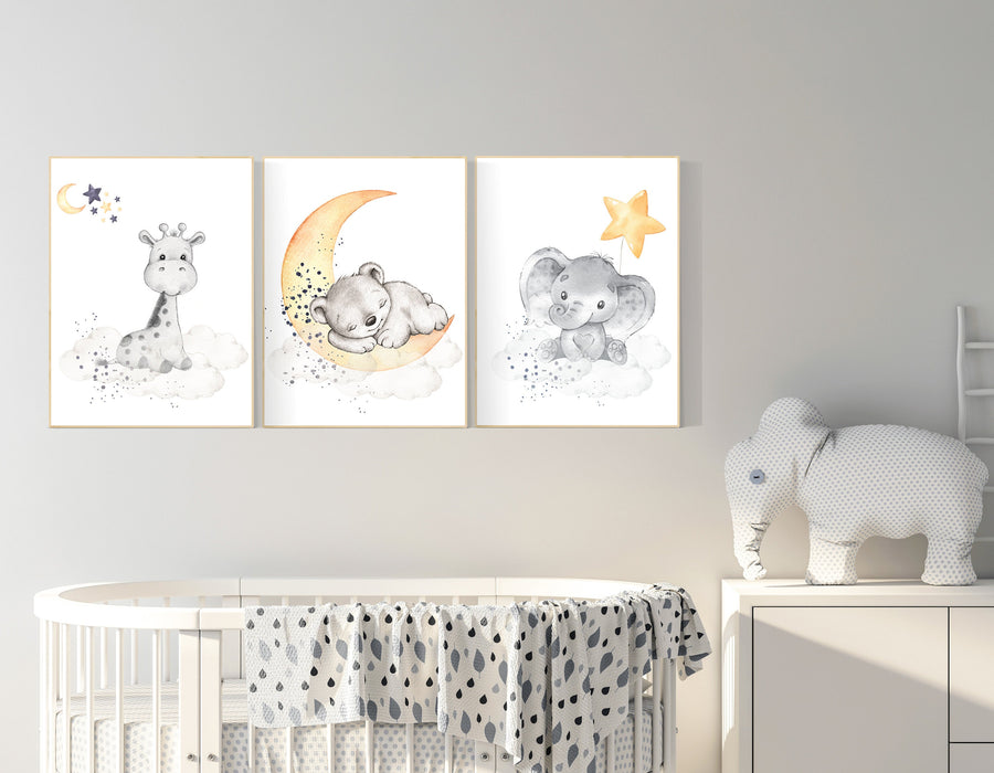 Animal nursery wall art, nursery decor Navy yellow, giraffe, elephant, bear, navy and yellow, gender neutral nursery, animal prints