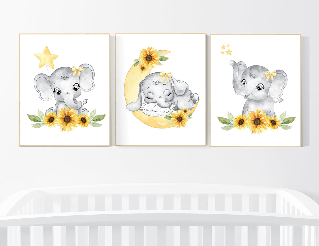 Yellow nursery, sunflower, floral nursery, elephant nursery wall decor, flower nursery decor, yellow and gray, animal nursery prints