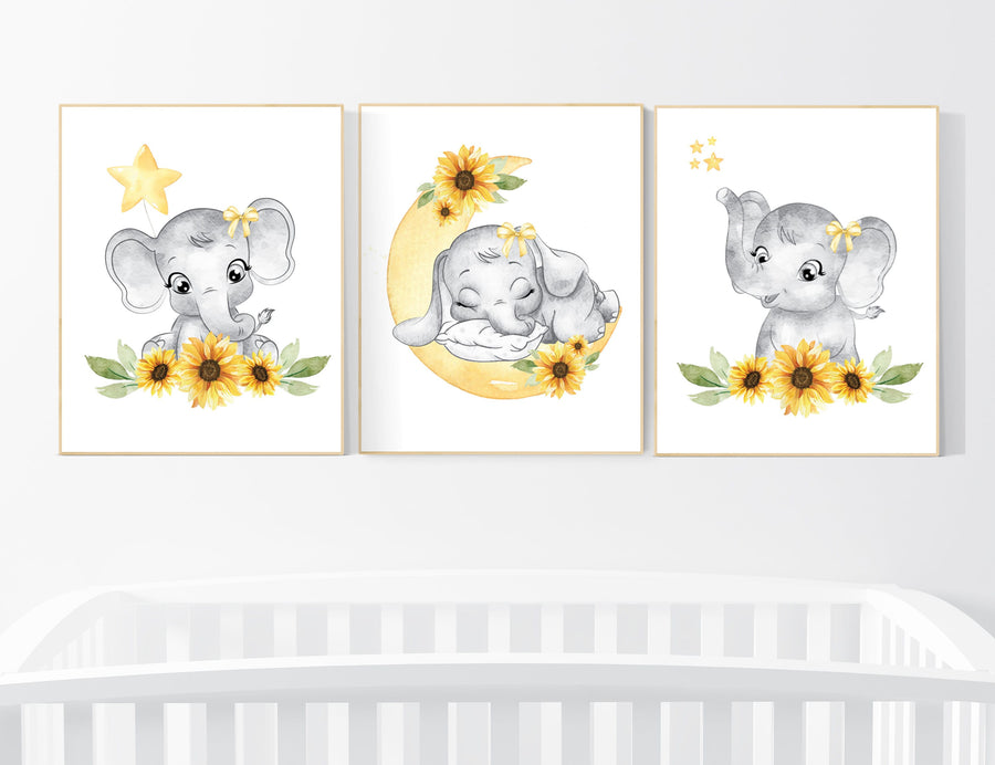 Yellow nursery, sunflower, floral nursery, elephant nursery wall decor, flower nursery decor, yellow and gray, animal nursery prints