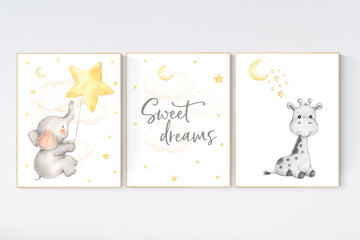 Nursery wall art neutral, nursery wall art elephant giraffe, moon and stars, gender neutral, baby room decor, baby room wall art, yellow