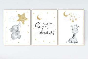 Nursery wall art gold, gold gray nursery, nursery decor neutral, baby room decor girl, moon and stars, baby room decor, giraffe nursery