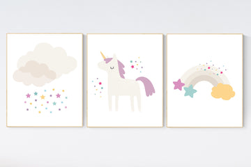 Nursery decor unicorn, baby room decor girl, cloud and stars, rainbow nursery, nursery wall art unicorn, girl room wall decor, rainbow