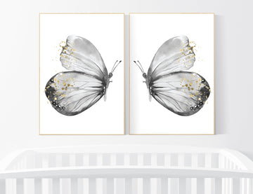 Nursery decor girl butterfly, gray nursery, black white, Butterfly Nursery Art, Butterfly Wall Decor, black and white, grey gold nursery