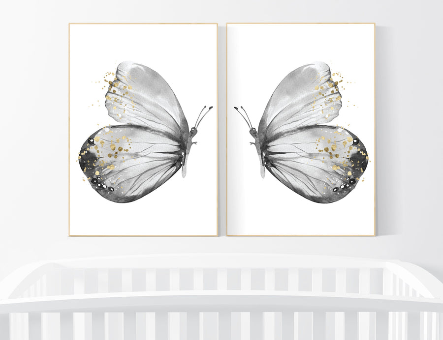 Nursery decor girl butterfly, gray nursery, black white, Butterfly Nursery Art, Butterfly Wall Decor, black and white, grey gold nursery