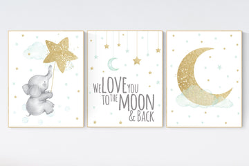 Nursery decor elephant, gender neutral, mint and gold nursery, we love you to the moon and back, mint gold, mint green, nursery wall decor