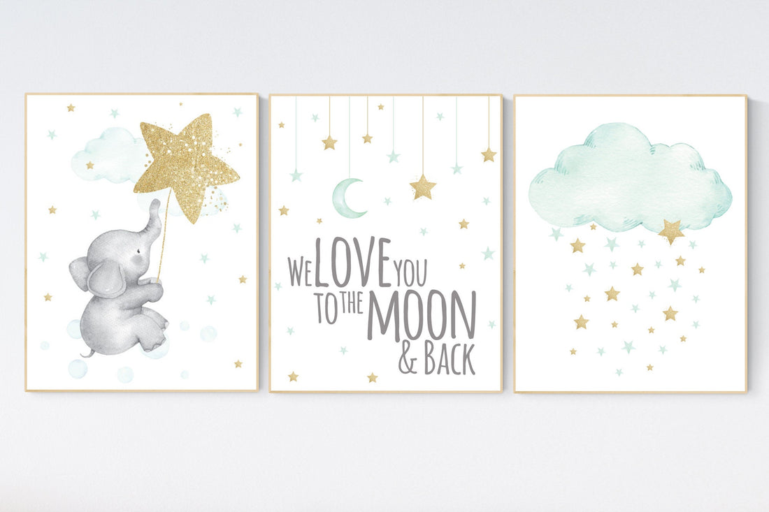 Nursery decor elephant, gender neutral, mint gold baby nursery, nursery wall decor, cloud and star nursery, we love you to the moon and back