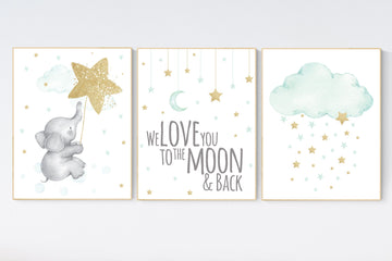 Nursery decor elephant, gender neutral, mint gold baby nursery, nursery wall decor, cloud and star nursery, we love you to the moon and back