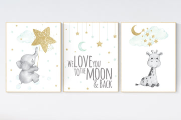 Nursery decor mint gold, mint green and gold, elephant, giraffe, bear nursery, name nursery, mint gold, nursery wall decor, nursery art