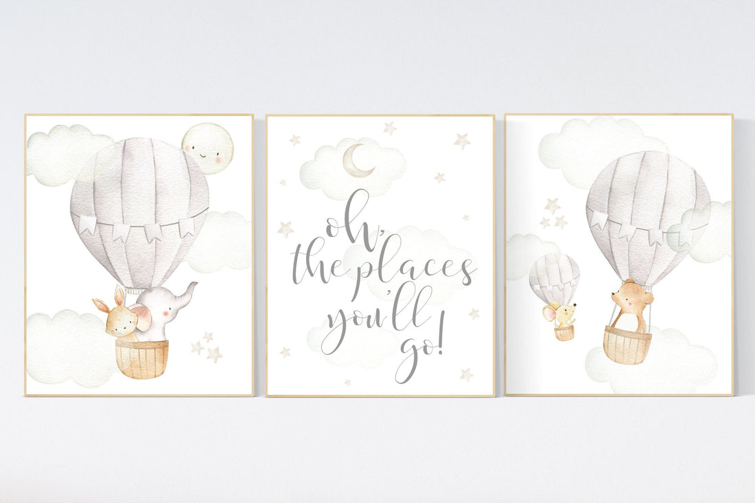 Nursery decor gender neutral, hot air balloon, elephant nursery, woodland animals, baby room decor, animal nursery, hot air balloons