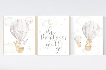 Nursery decor gender neutral, hot air balloon, elephant nursery, woodland animals, baby room decor, animal nursery, hot air balloons