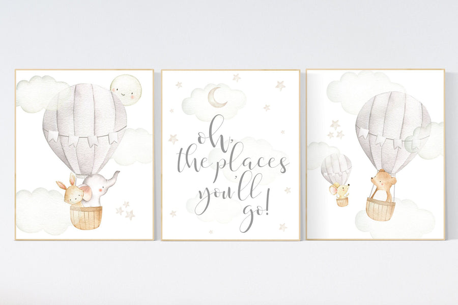 Nursery decor gender neutral, hot air balloon, elephant nursery, woodland animals, baby room decor, animal nursery, hot air balloons