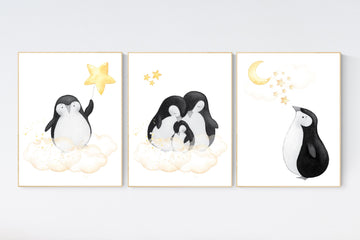 Penguin nursery, yellow nursery wall art, gender neutral nursery, baby room wall art, nursery wall art penguin, nursery art yellow, penguins