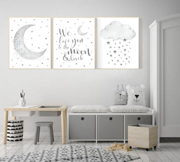 Nursery wall art grey, gray nursery, nursery decor neutral, baby room decor gender neutral, moon and stars, grey nursery decor baby room art