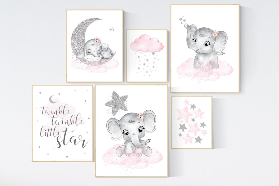 Nursery wall art girl, pink and silver, elephant nursery prints, nursery wall art girl, baby girl elephant nursery decor, girl nursery decor