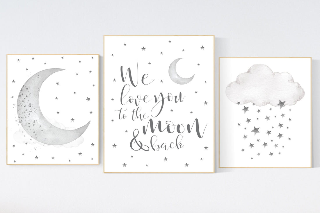 Nursery wall art grey, gray nursery, nursery decor neutral, baby room decor gender neutral, moon and stars, grey nursery decor baby room art