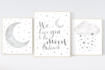 Nursery wall art grey, gray nursery, nursery decor neutral, baby room decor gender neutral, moon and stars, grey nursery decor baby room art