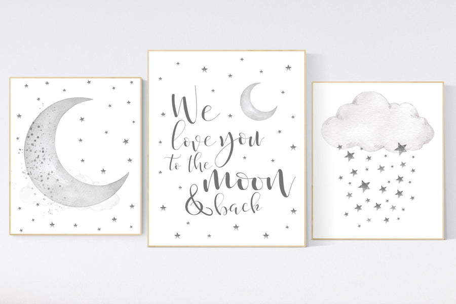 Nursery wall art grey, gray nursery, nursery decor neutral, baby room decor gender neutral, moon and stars, grey nursery decor baby room art