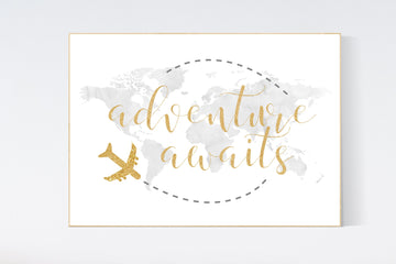 Watercolor world map, gold nursery, adventure awaits, gray nursery, travel theme nursery, world map poster, adventure nursery