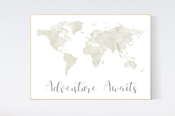 Watercolor world map, gender neutral, adventure awaits, travel theme nursery, world map poster, world map poster, adventure nursery