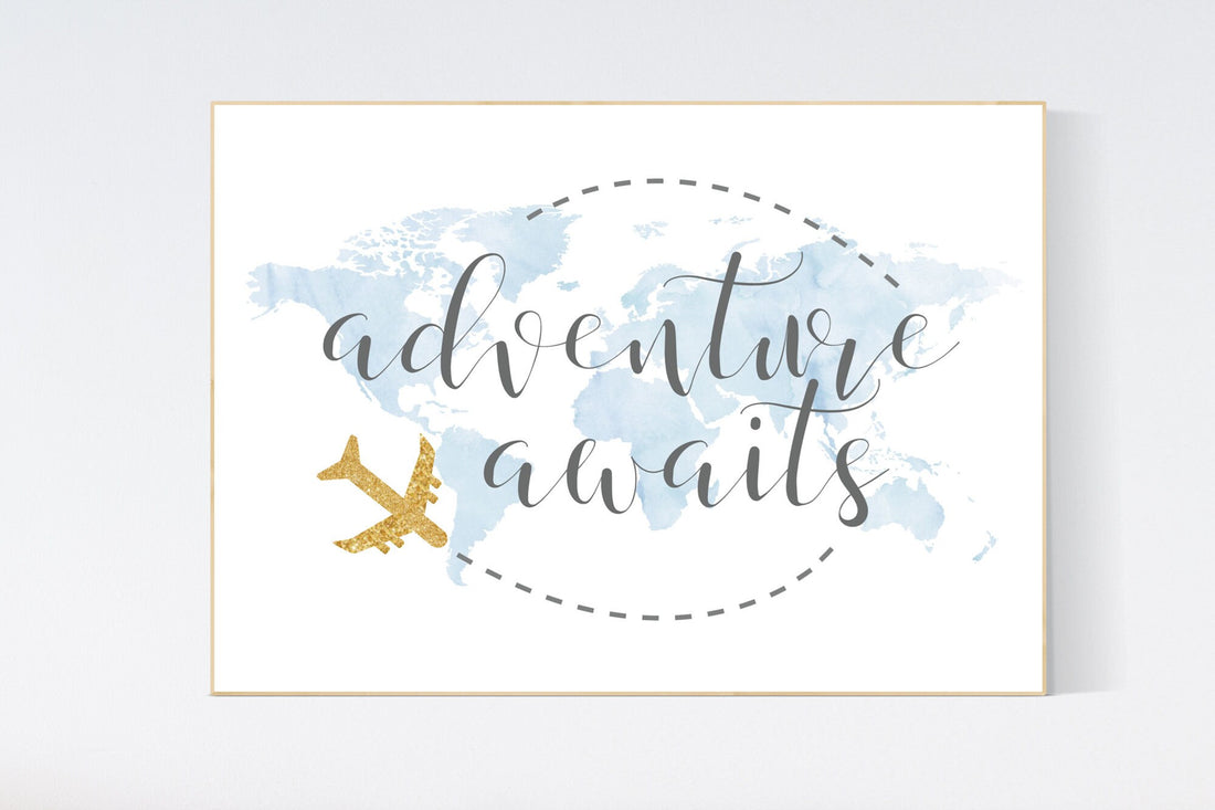 Nursery decor boy, adventure nursery, world map, adventure awaits, world map print, navy blue, plane nursery, nursery wall decor, blue gold