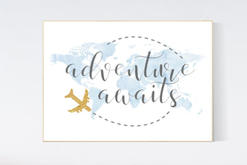Nursery decor boy, adventure nursery, world map, adventure awaits, world map print, navy blue, plane nursery, nursery wall decor, blue gold