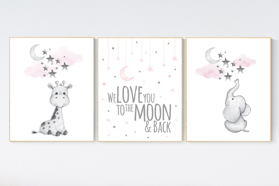 Girls room decor, Nursery decor girl pink and gray, nursery decor girl pink, Elephant and giraffe nursery, we love you to the moon and back