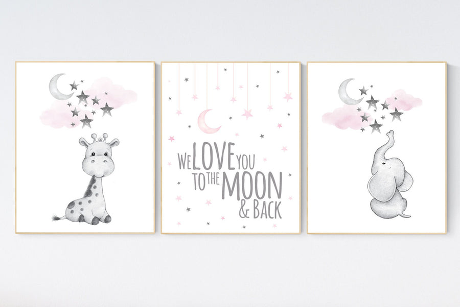 Girls room decor, Nursery decor girl pink and gray, nursery decor girl pink, Elephant and giraffe nursery, we love you to the moon and back