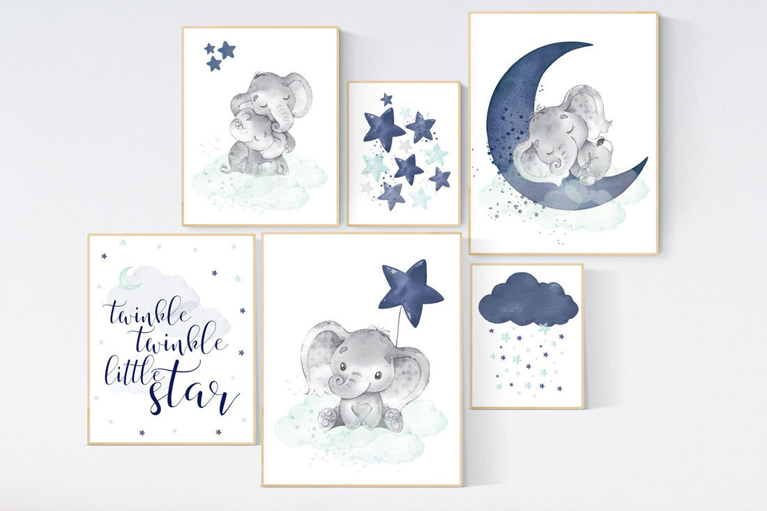Nursery decor boy elephant, nursery wall art boy, navy teal, moon and stars, navy and teal nursery, boy nursery decor, elephant nursery art