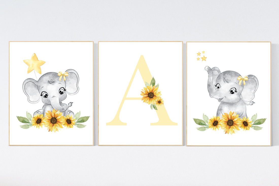 Yellow nursery, sunflower, floral nursery, elephant nursery wall decor, flower nursery decor, yellow and gray, animal nursery prints