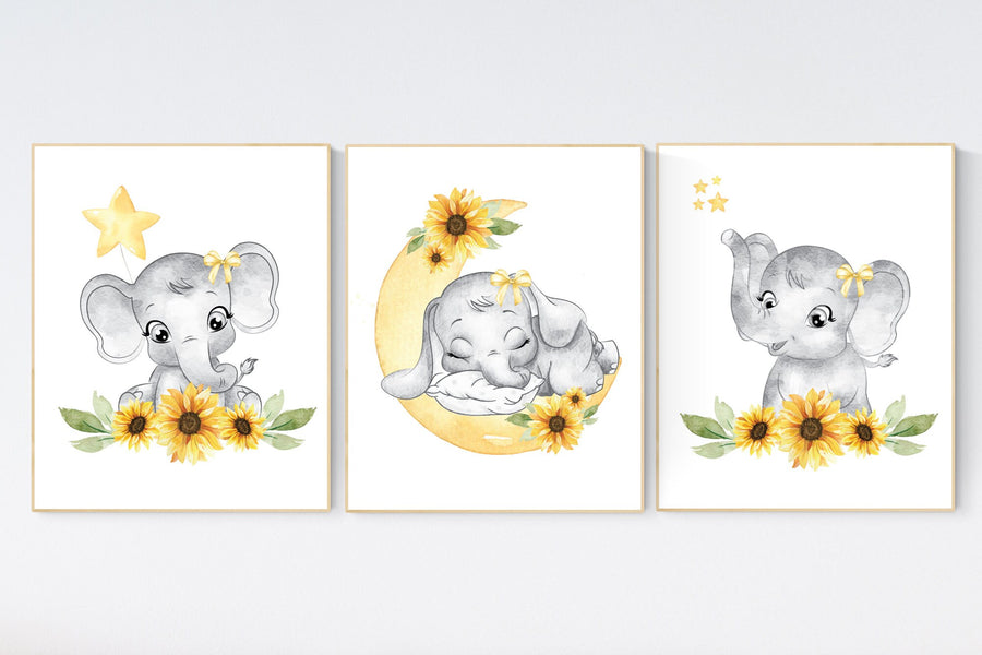 Yellow nursery, sunflower, floral nursery, elephant nursery wall decor, flower nursery decor, yellow and gray, animal nursery prints