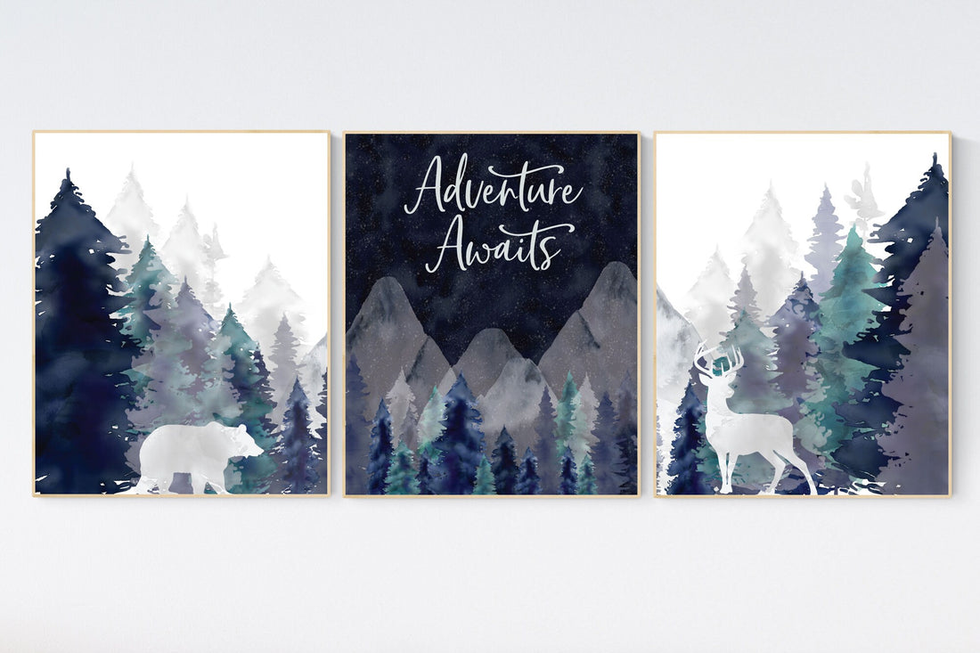 Nursery decor boy mountain, woodland nursery, tree nursery wall decor, adventure theme nursery, forest, navy and teal, woodland animals