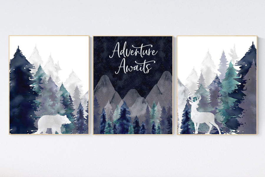 Nursery decor boy mountain, woodland nursery, tree nursery wall decor, adventure theme nursery, forest, navy and teal, woodland animals